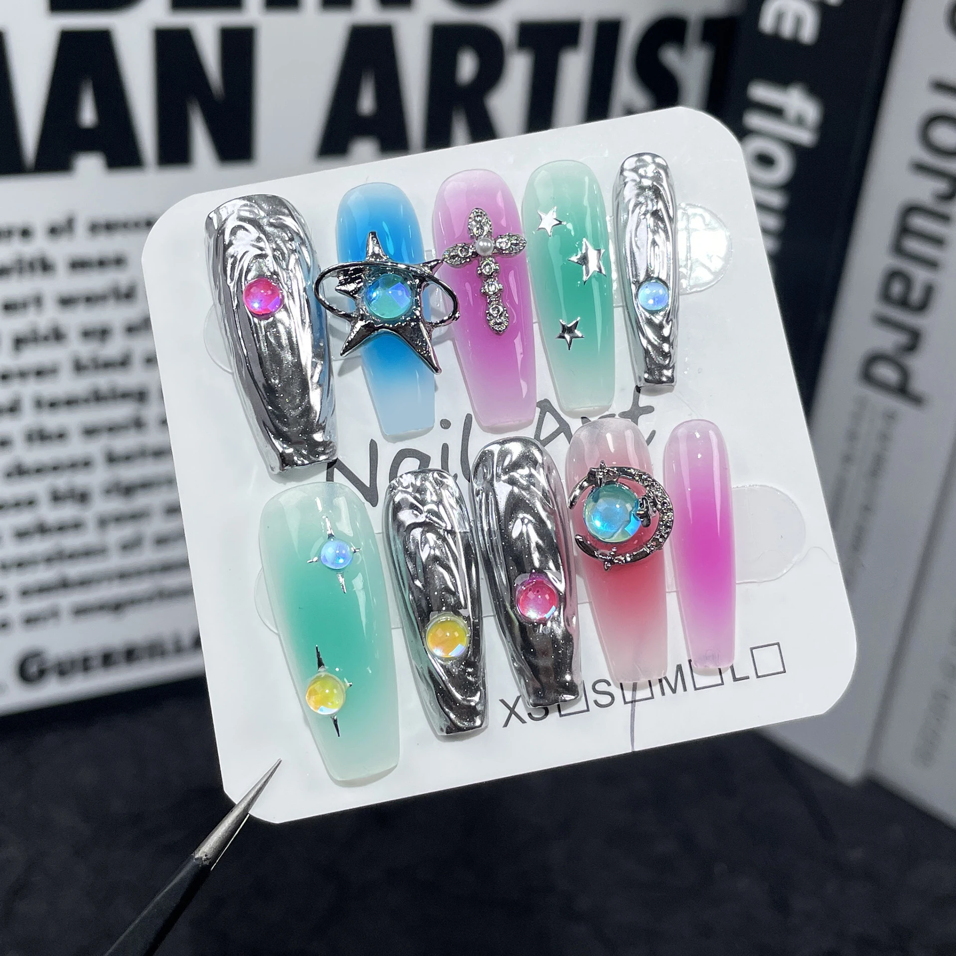 10 ชิ้น Y2K Cool Spice สาวสีดําสีชมพูยาวเคล็ดลับ Handmade กดบนเล็บ Cross Spider เพชรเล็บปลอม Duckbilled ภาษาฝรั่งเศสคําเล็บ