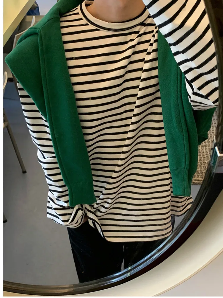 

High Street Lazy Style Striped Long Sleeved T-shirt 2024 Autumn Cotton Round Neck T-shirt Korean Version Trendy Loose Tops