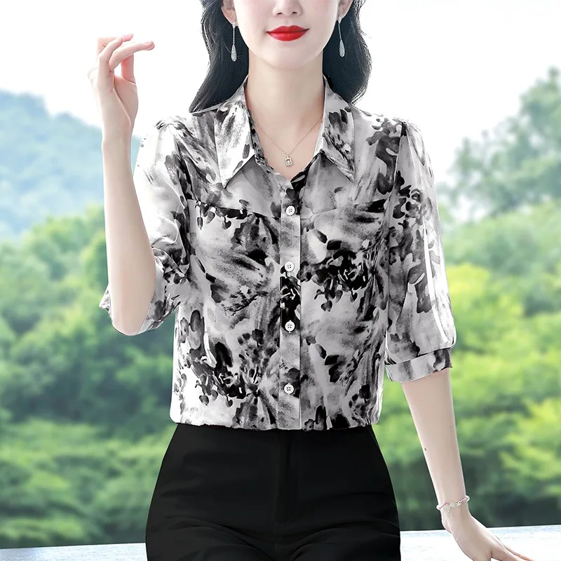 Vintage damesblouses bedrukte vintage shirts mode losse zomerkleding chiffon damestops met korte mouwen