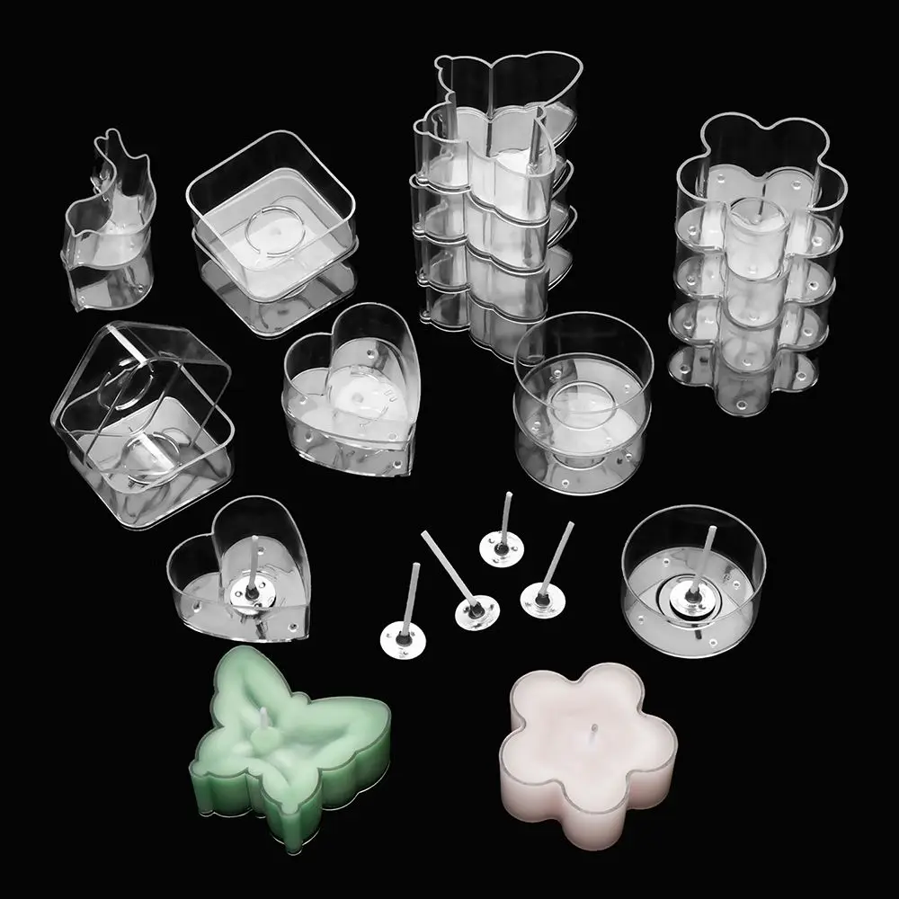 Plastic Candle Cup Holders Candle Mold Tealight Cups Containers Heart Square Flowers Shaped Candle Wicks for DIY Candle Making