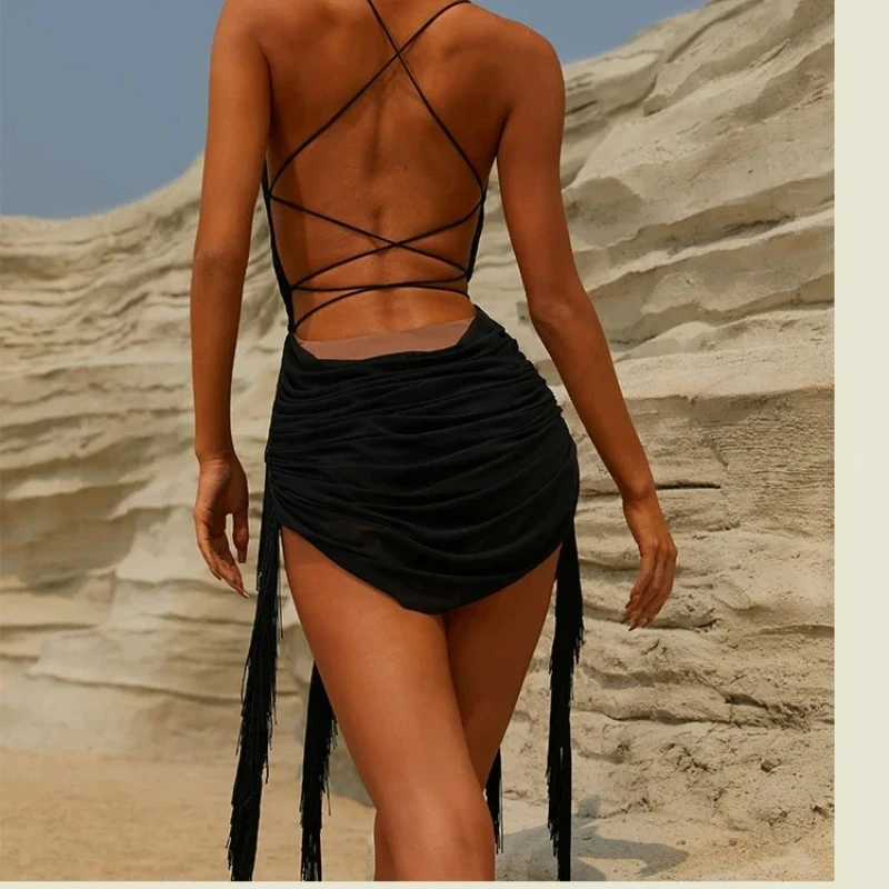 Women Sexy Performance Latin Dance Dress Costume Black Strap Backless Fringe Skirt Cha Cha Rumba Dancewear Practice Clothes