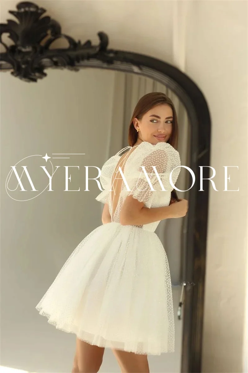 Fashion White Tulle Wedding Dresses for Women V Neck Puff Sleeves A Line Backless Short Bride Dress Customized vestidos de novia