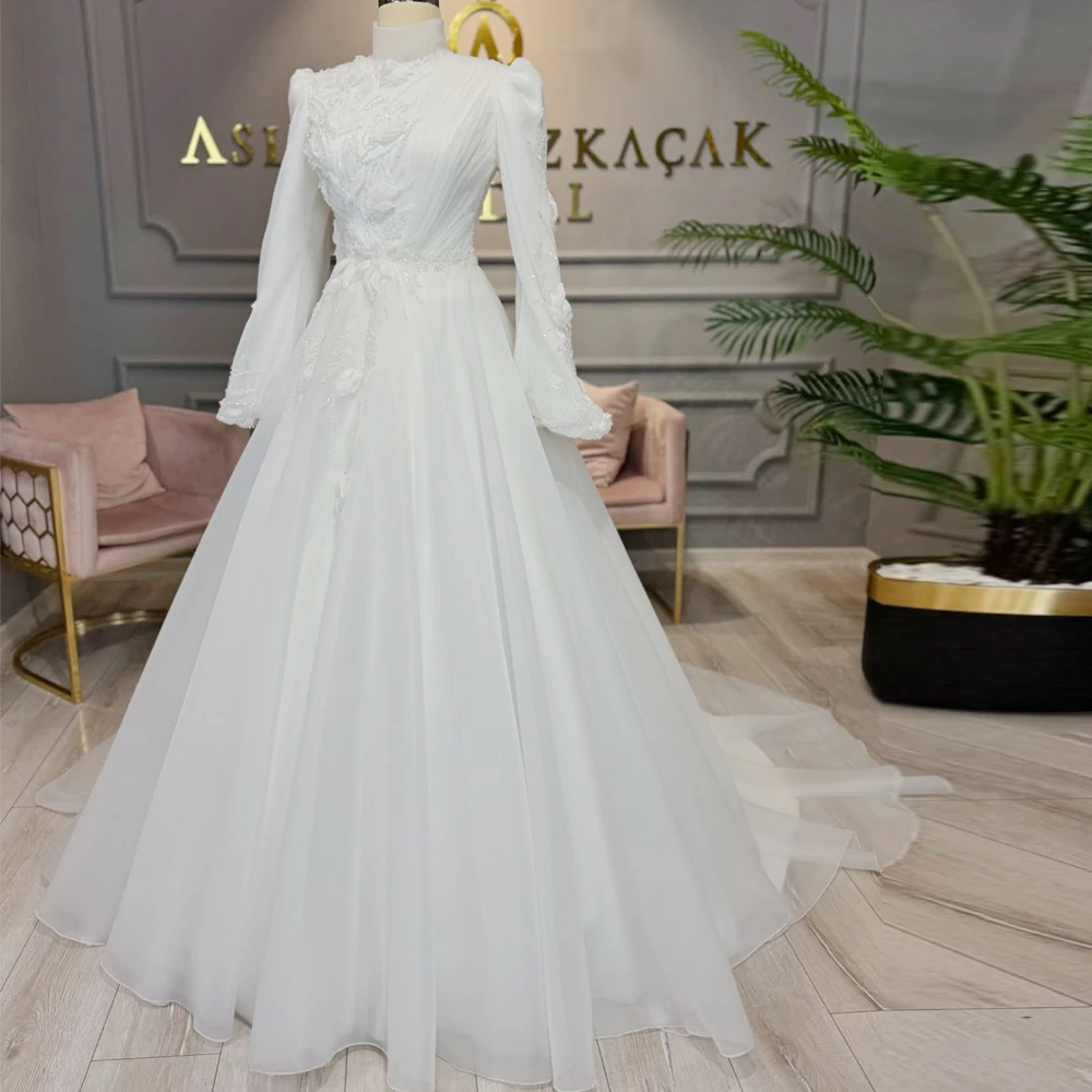 

Свадебное платье в стиле хиджаб с цветочным кружевом по индивидуальному заказу, расшитое бисером и цветком, исламское свадебное платье с рукавами-фонариками, мусульманские свадебные платья