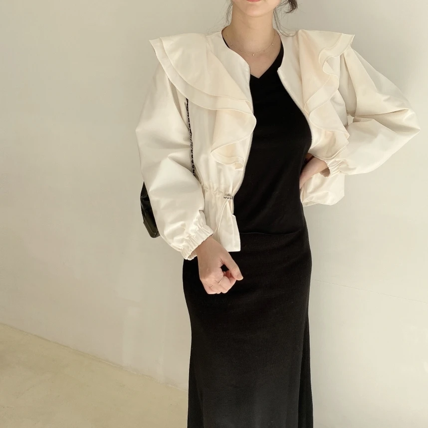 Korean Style Chic Short Waist-Cinching Zipper Jacket with Pleated  Simple Design Autumn Fashion Outerwear for Women