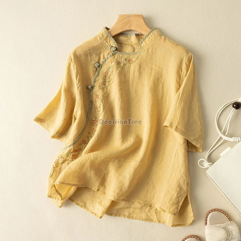 2024 chinese ethnic style women tea clothing vintage literature art temperament blouse new exquisite embroidery cotton linen top