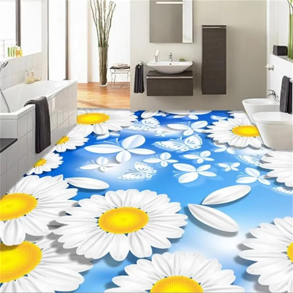 Pintura de suelo 3D personalizada, rosas rosas, mariposas, moda para dormitorio, suelo de PVC, gotas de agua, papeles tapiz de flores, suelo autoadhesivo