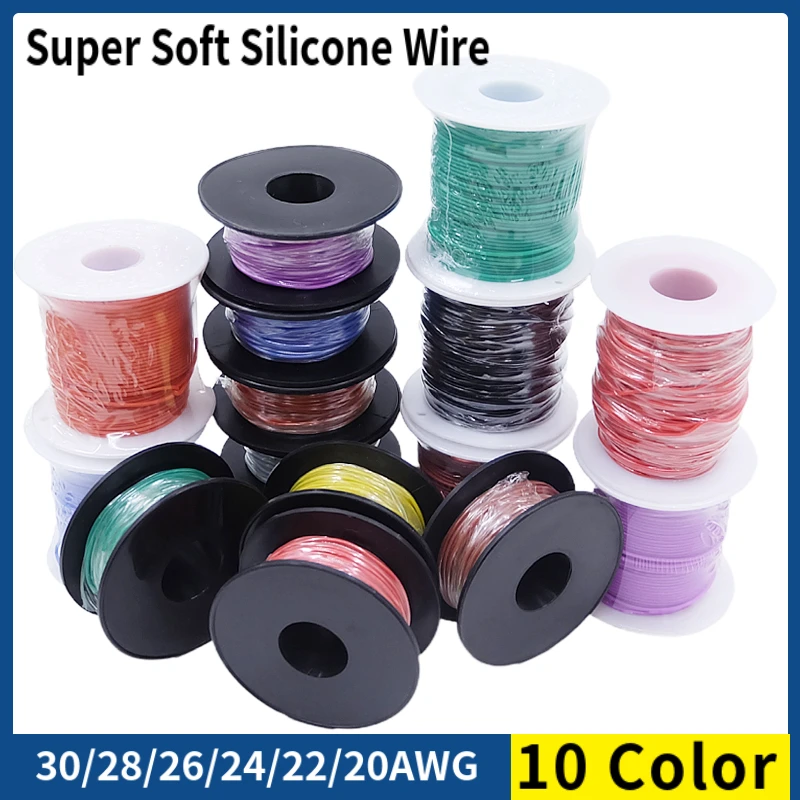 Heat Resistant Soft Silicone Wire Colors in Roll 30/28/26/24/22/20AWG Stranded Flexible Cable Electrical Tinned Copper Wire