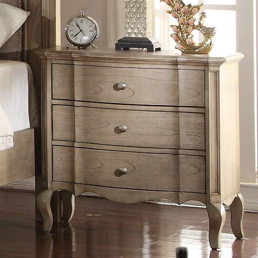 Nightstand with 3 Storage Drawers Including Felt-Lined Top Drawer, Wooden Cabriole Legs,  Antique Taupe (Nightstand)，Nightstands