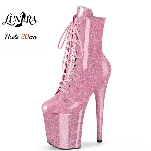 20cm/8Inch Plus size Pink Glitter Lace-up Closed toe Platform High Stilettos Ankle boots Exotic Pole dance Nightclubs Rave Party