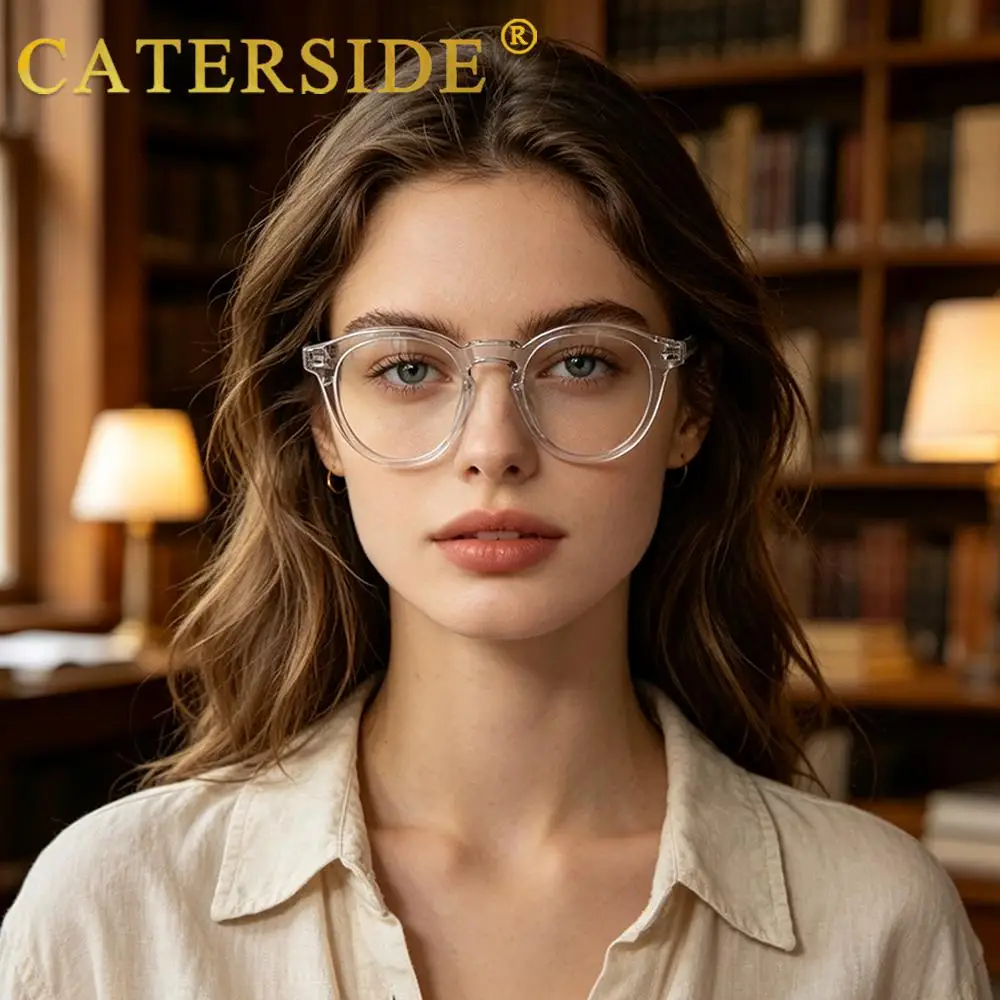 CATERSIDE Modische Herren-Anti-Blaulicht-Brille mit Rundrahmen und Zellulose-Propionat-Bügelspitzen für Damen, Dekorative Brille – Detail 2