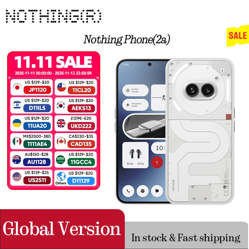 الإصدار العالمي لا شيء هاتف (2a) شاشة AMOLED مقاس 6.7 بوصة 120 هرتز Mediatek Dimensity 7200 Pro Dual 50MP 5,000 mAh 45W IP54 Phone 2a