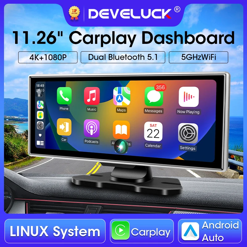 11,26-calowy wideorejestrator samochodowy 4K Dash Cam Dual Lens Wireless Carplay & Android Auto Video Recorder Monitor GPS Navigation 5G Wifi FM AUX