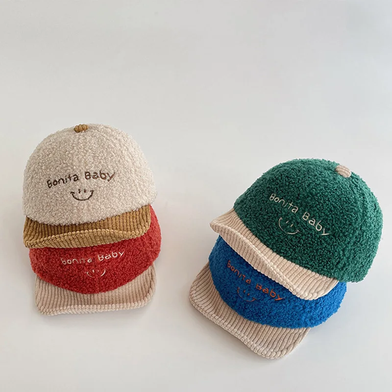 

4-24M Ins Korean Blocked Baby Cap Baseball Soft Brimmed Hat Autumn Winter Lamb Fur Embroidery Hat