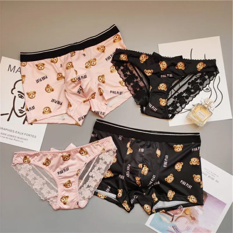 

2Pcs Couple Panties Set Sexy Lace Panties Women Ice Silk Fabrics Underwear Men's Boxers Bear Print Panties Set Women's Briefs