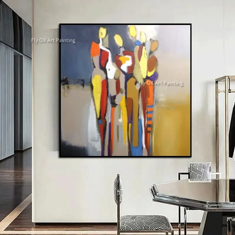 Hand Drawn Impasto Abstract Human Group Wall Art Vibrant Contrast Color Canvas Oil Painting African Themed For Wall Display