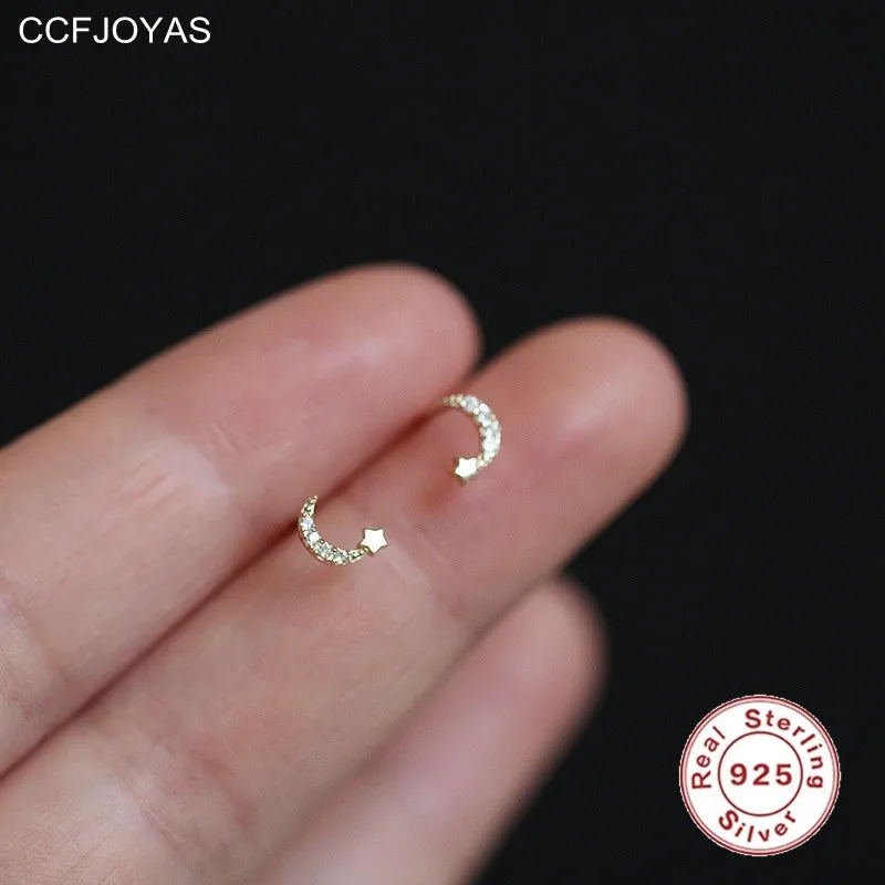 

CCFJOYAS Mini Cute Moon Star 925 Sterling Silver Stud Earrings Minimalist Gold Silver color Piercing Earrings Jewelry New