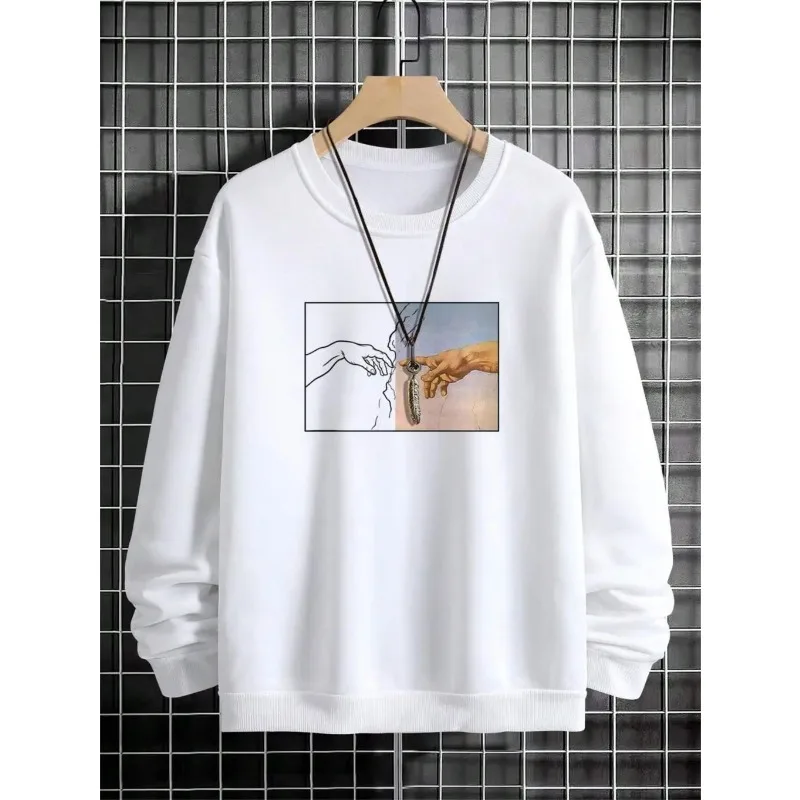 2025 Street Style Men's Handmade Printed Sportswear Autumn and Winter Warm Round Neck Pullover Fashionable Casual Clothing