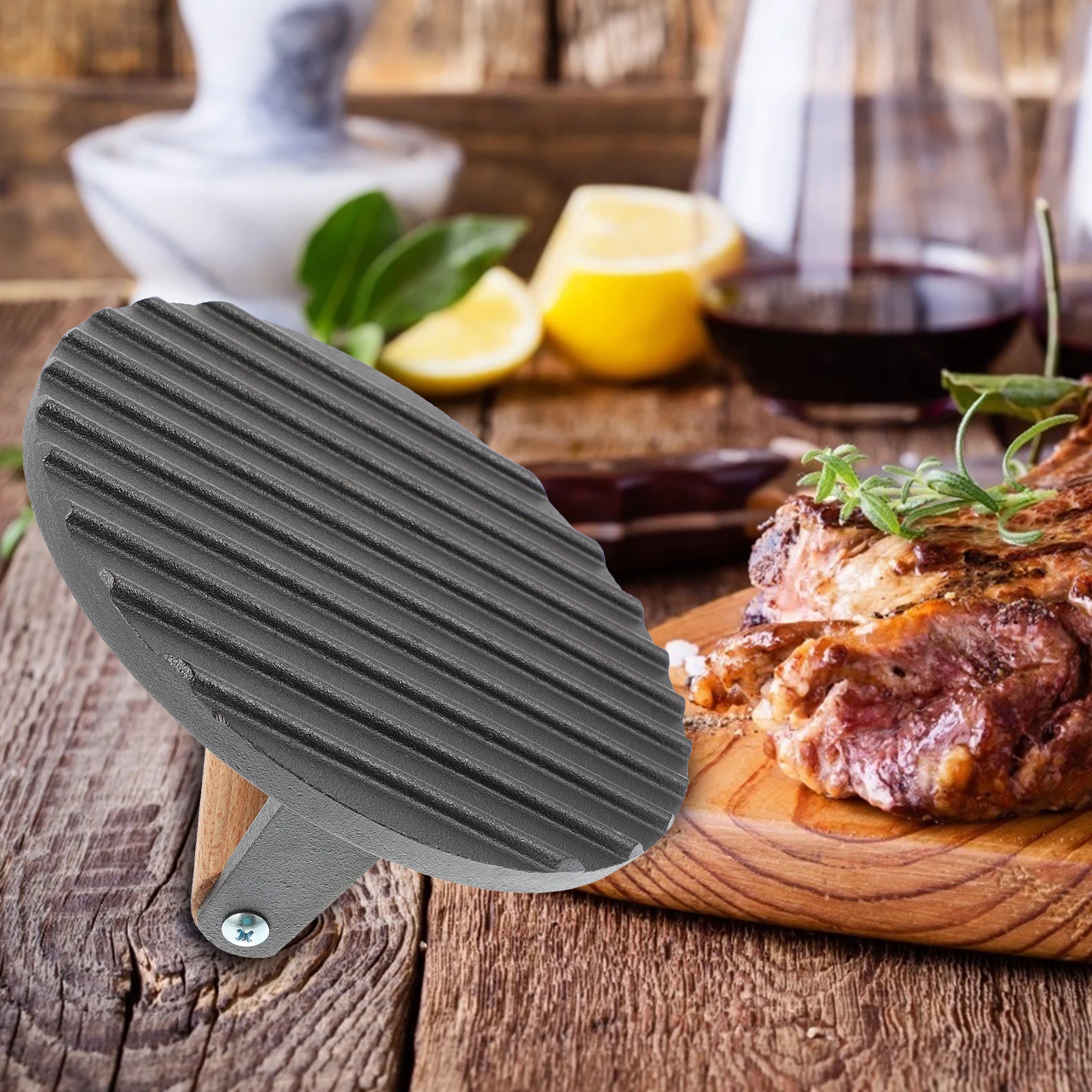 

Cast Iron Meat Press Plate Barbecue Presser For Steak Grilling Round Press Board Lightweight Portable With Smooth Wooden