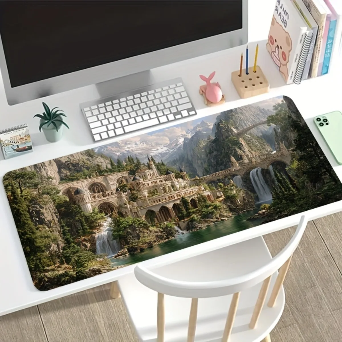 

Атмосферный игровой коврик для мыши с рисунком пейзажа, нескользящий, моющийся, с изображением замка, гор и водопада, настольный коврик, офисный компьютерный аксессуар