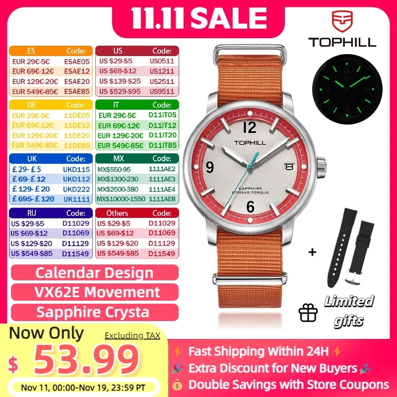 TOPHILL 남성용 쿼츠 시계 빛나는 스포츠 시계 사파이어 크리스탈 빈티지 디자인