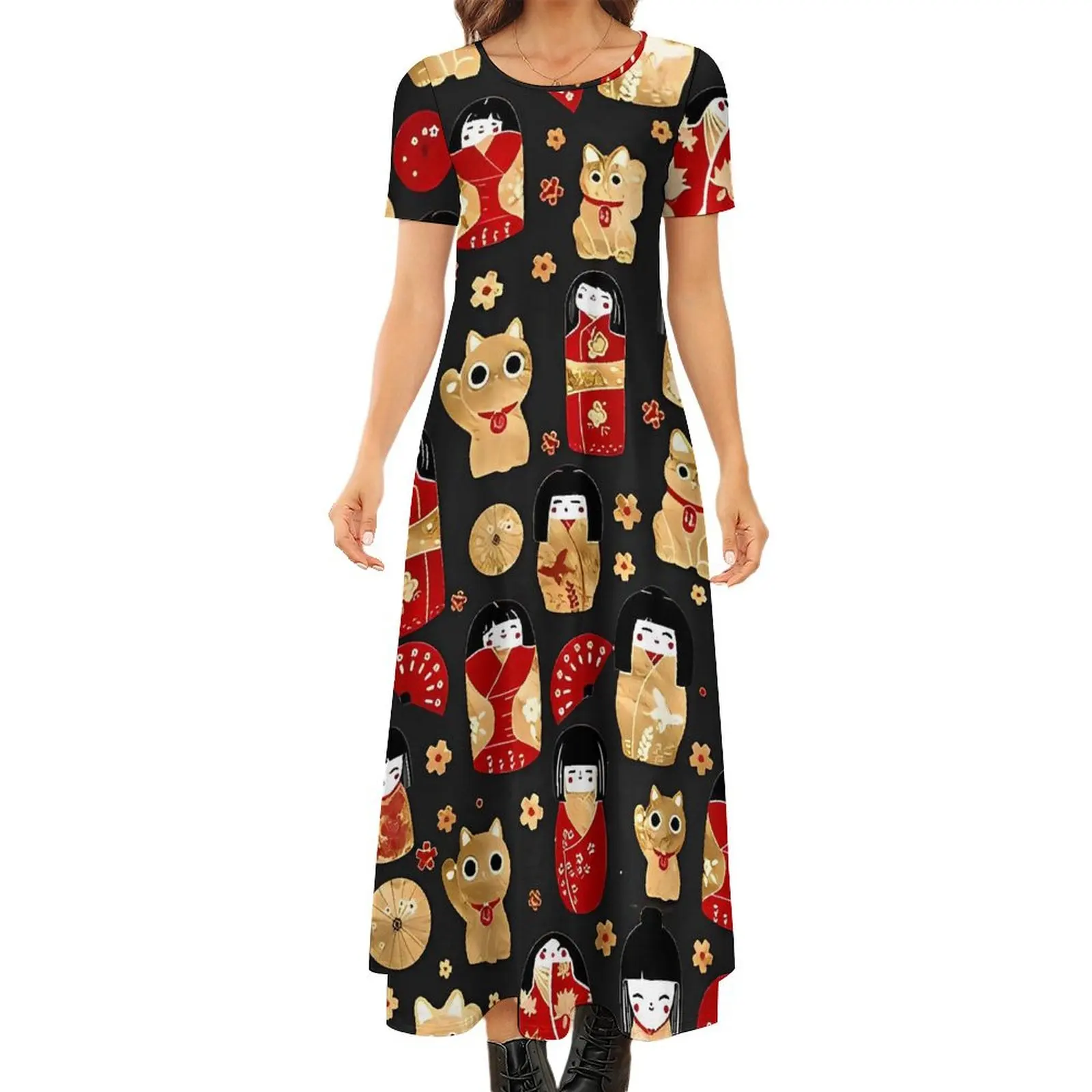 Kawaii Japanese Dolls Dress Kokeshi and Maneki Neko Cats Street Style Bohemia Long Dresses Woman Retro Maxi Dress Big Size 7XL