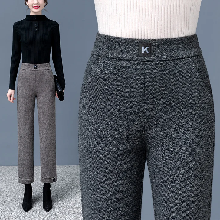 

Thiened шерстяные прямые брюки для женщин с высокой талией, утягивающие повседневные брюки с узором, длинные брюки с высокой талией Harlan Sle