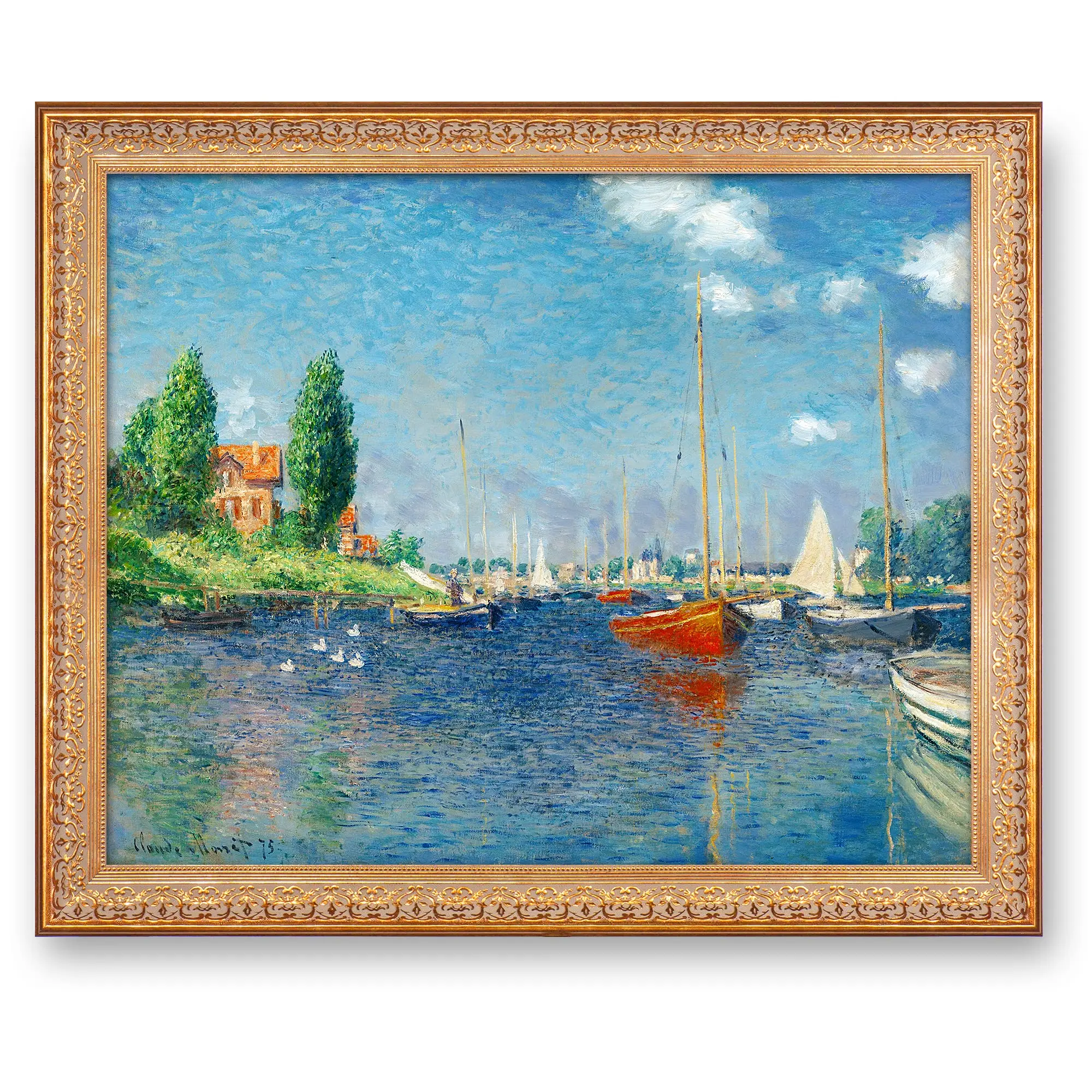 قوارب حمراء في فن جداري مطبوع عليه قماش Argenteuil، منظر طبيعي انطباعي بدون ملصق مؤطر لديكور المنزل، مشهد إبحار كلاسيكي بواسطة