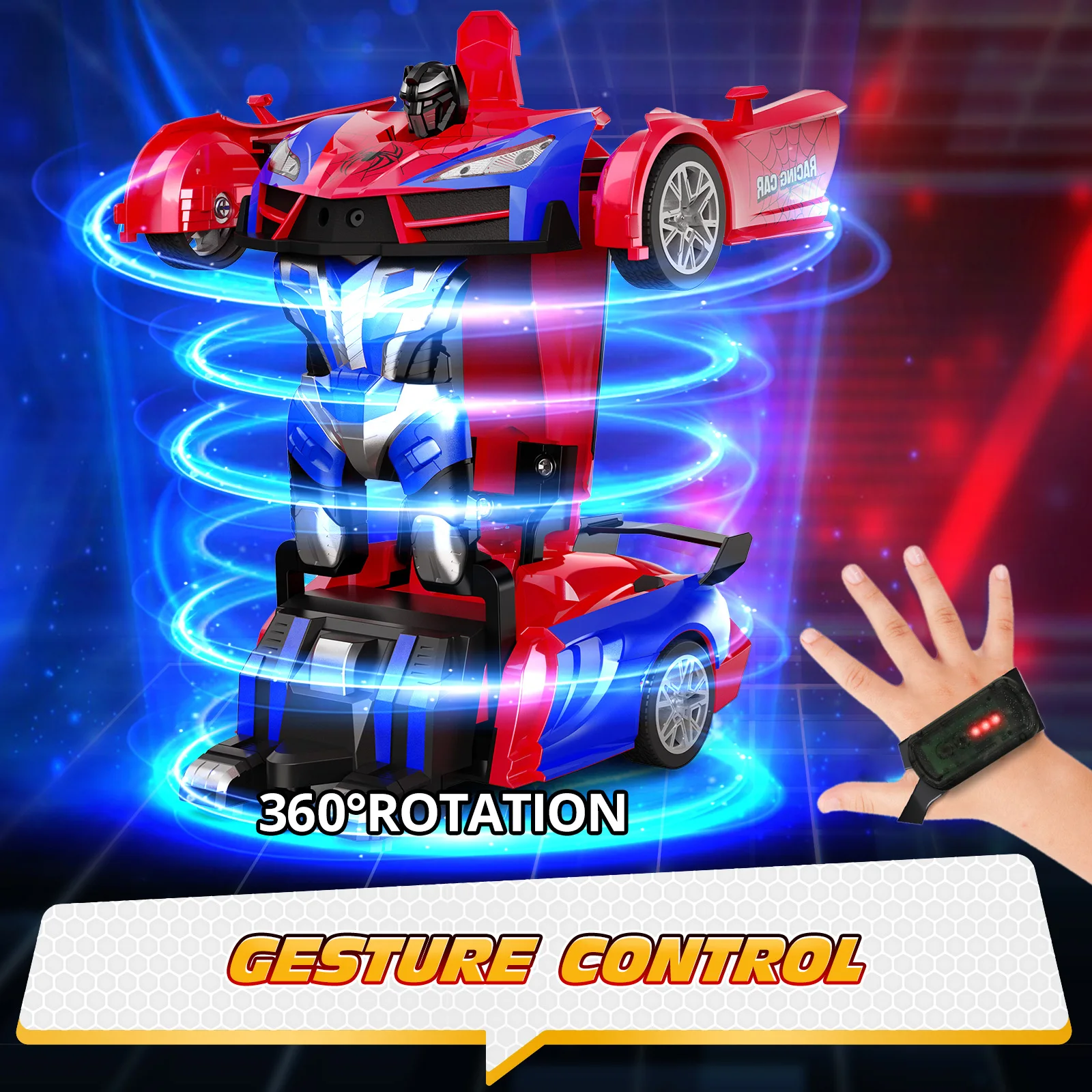 Carro de controle remoto-detecção de gestos, transformar carros RC para crianças, brinquedo robô de transformação de um botão de 2,4 GHz com luzes LED
