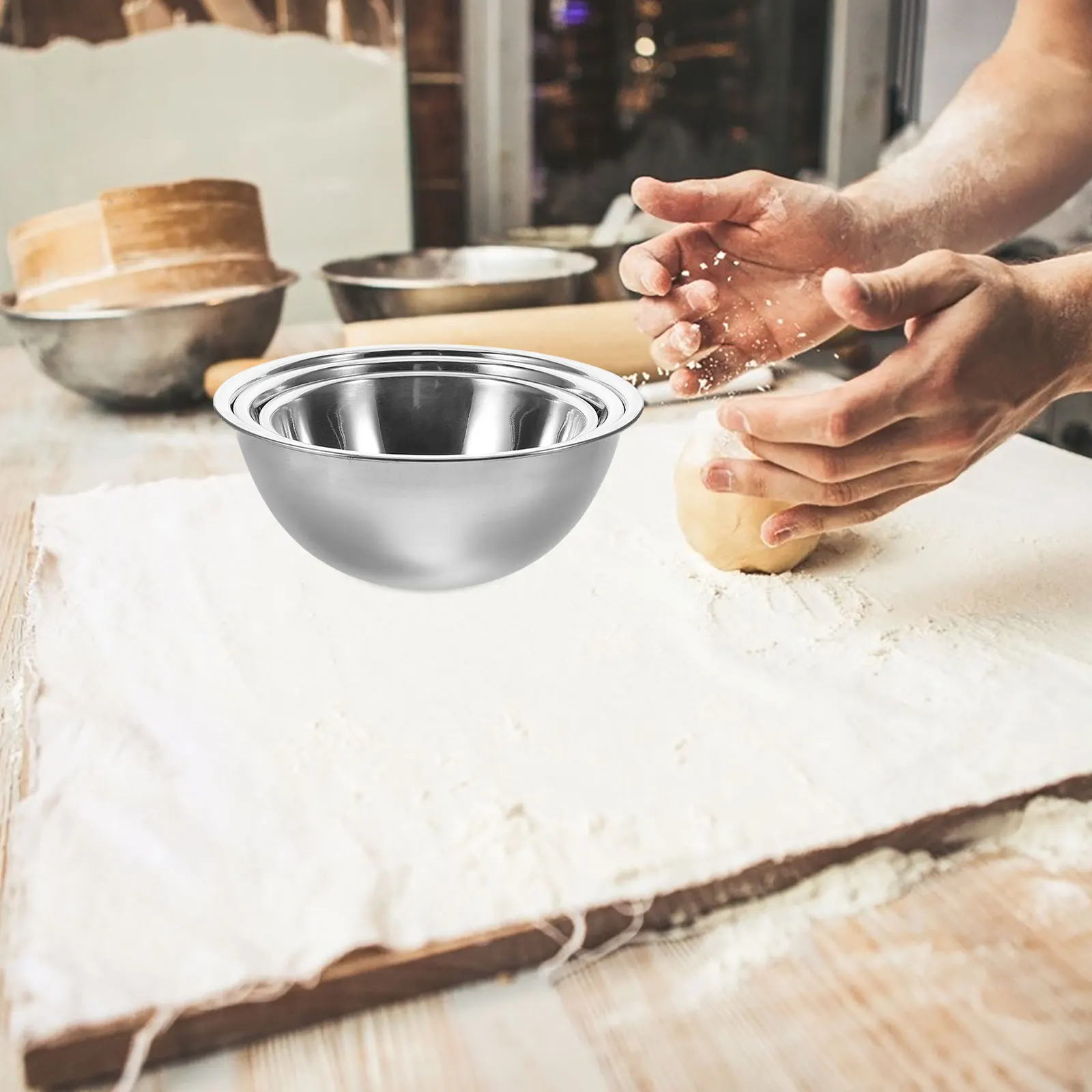 

3pcs Stainless Steel Mixing Bowls Large Capacity Baking Cooking Kitchen Tool Vintage Metal Basin Non Slip Salad Egg