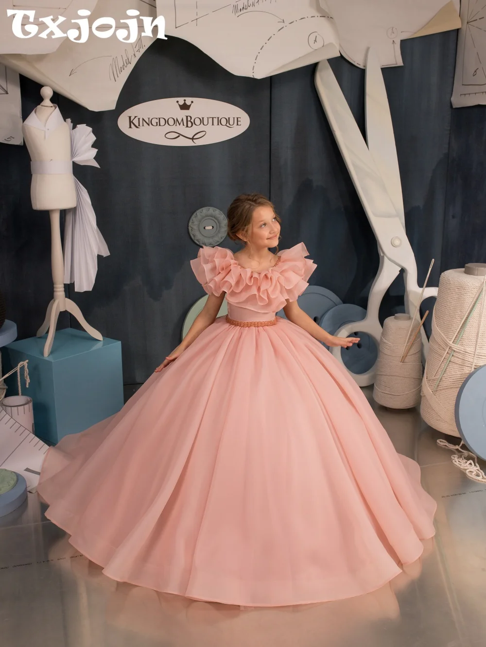 

Ruffled Golden Beaded Girls Dress Wedding Guest Clothes Puffy Floor-length Kids Princess Gown Exquisite Brithay Party Gowns