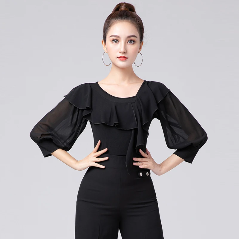 

Latin Dance Tops Female ChaCha Rumba Performance Wear Tango Practice Dancewear Ballroom Dancing Lantern Sleeve Leotard YS4135