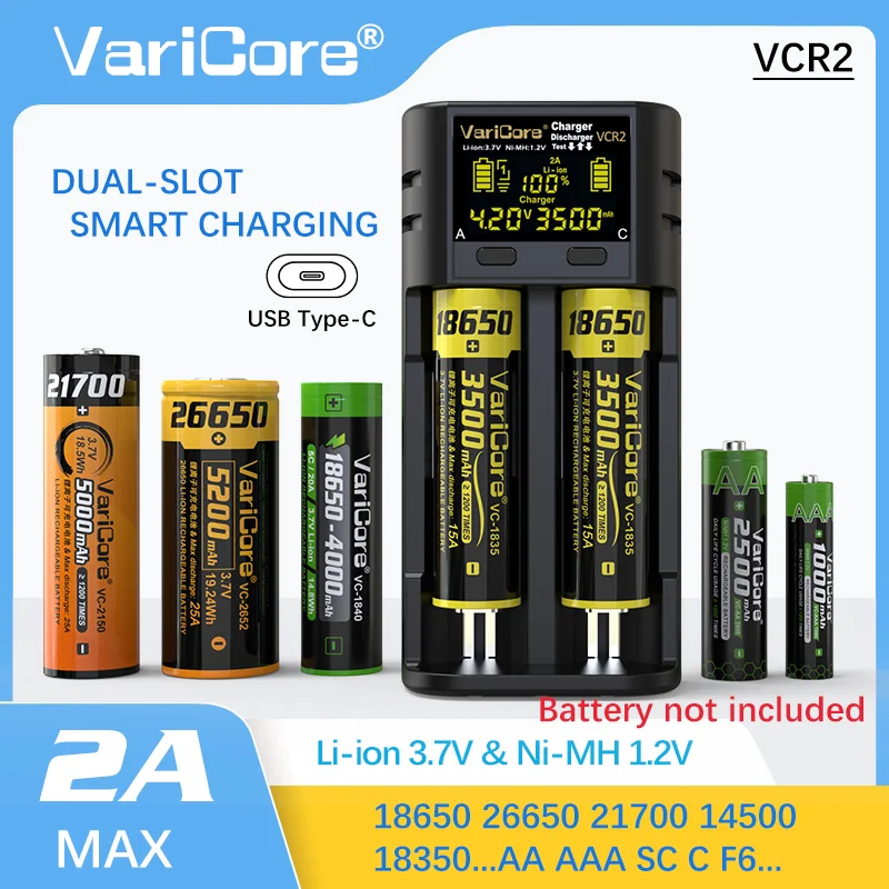 

Умное многофункциональное зарядное устройство VariCore VCR2 LCD с 2 слотами TEST емкостью для литий-ионного Ni-MH аккумулятора 3,7 В 18650 21700 26650 AA AAA