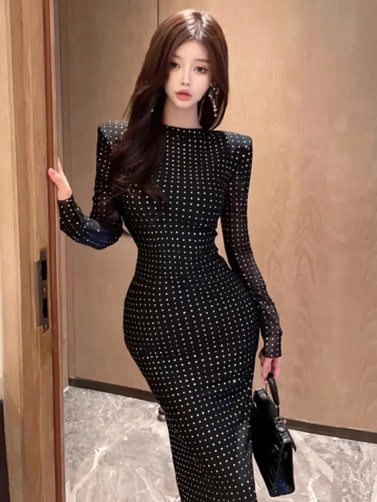 Topenomi High End Sequins Black Party Dress Women Sexy Backless Bandage Waist Slim Cocktail Banquet Evening Long Dresses Autumn