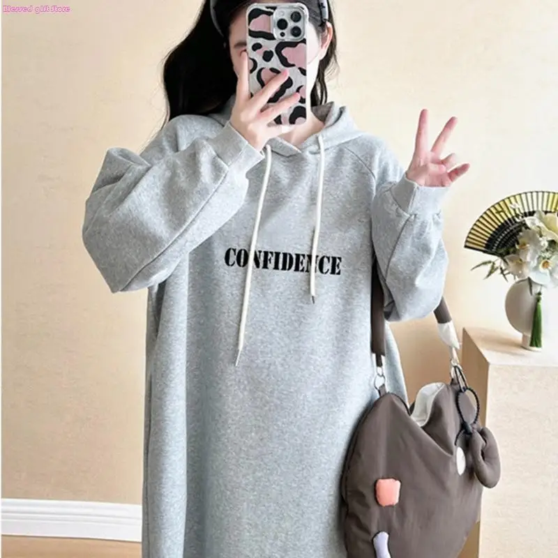 D0JC Maternity Fleece Lined Hooded Sweatshirt Hoodie Dress for Pregnant Women Outdoor Autumn Winter Warmth and Comfortable