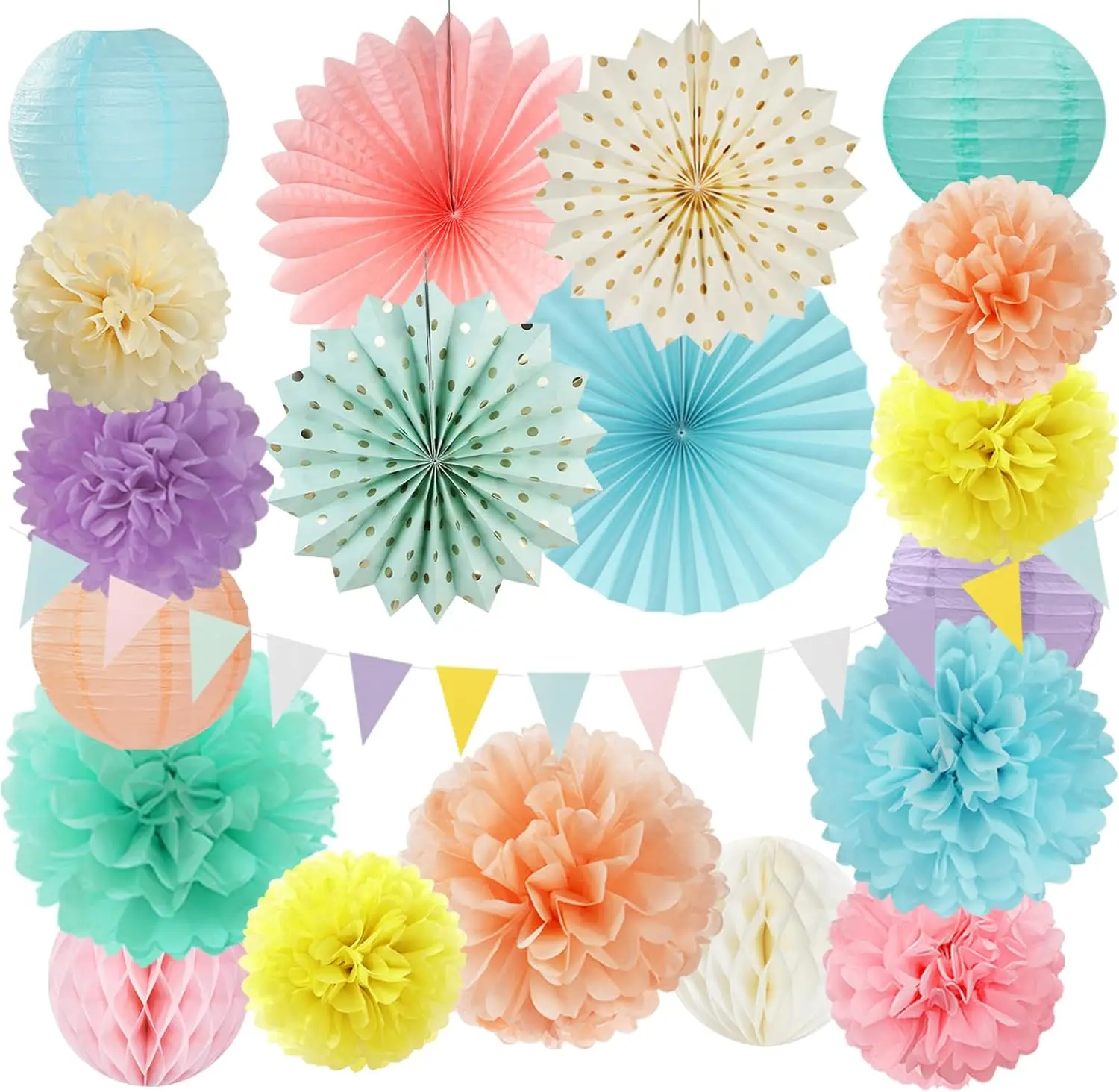 

20Pcs Pastel Rainbow Party Decorations Kit - Paper Lanterns, Fans, Pom Poms, Honeycomb Balls, Bunting for Birthday, Baby Shower, Bridal Wedding