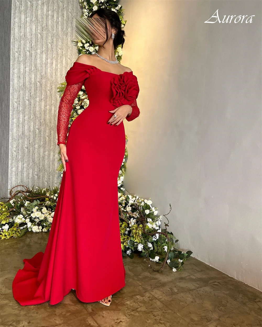 Personalizado exquisito rojo flores hechas a mano vestido para ocasiones especiales vestido de fiesta de manga larga fuera del hombro vestido de noche con cuello barco
