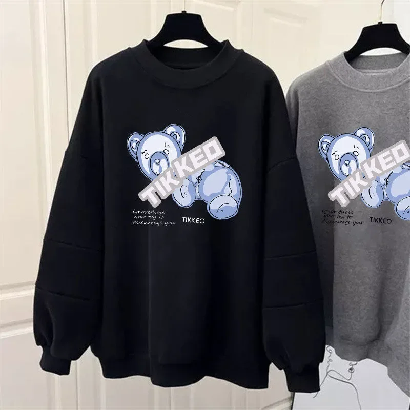 Sweat-shirt à col rond en velours épais pour femme, tendance nationale, lapin, nouvelle veste ample mi-longue, automne hiver