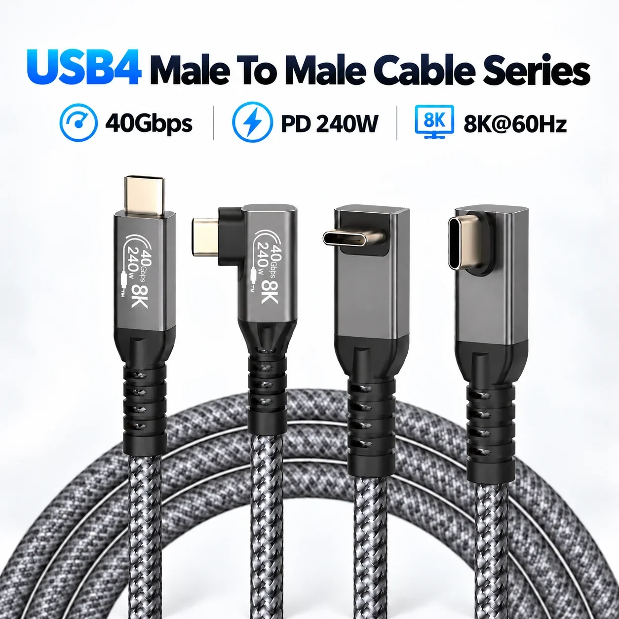 USB4 Gen3 90 Degree USB C Cable Thunderbolt4 40Gbps PD 240W 8K@60Hz Fast Charging Type C to C Data Transfer Cord for MacBook SSD