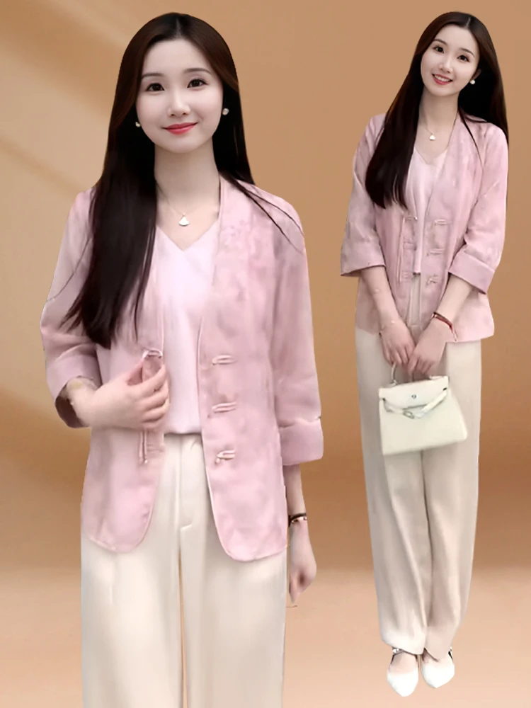 

Элегантная легкая летняя куртка в китайском стиле с вышивкой, модная воздушная женская верхняя одежда с V-образным вырезом на пуговицах, короткая.