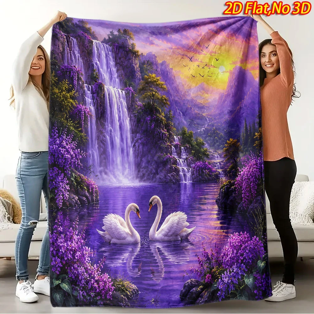 1pc 2D Flat Printing Spring And Summer New Arrival Dreamy Waterfall Swan Theme Digital Print Blanket, All-Season Use, Casual Thr