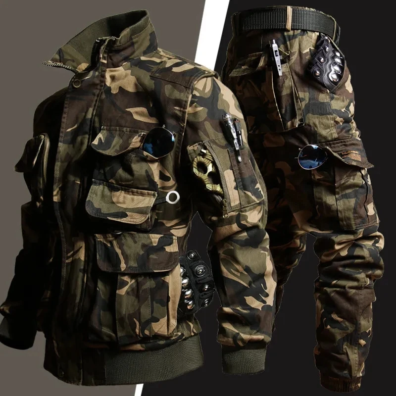 Autumn Tactical Sets Men Military Multi-pocket Bomber Jackets+Outdoor Wear-resistant Cargo Pants 2 Pcs Suits 2023 Air Force Set