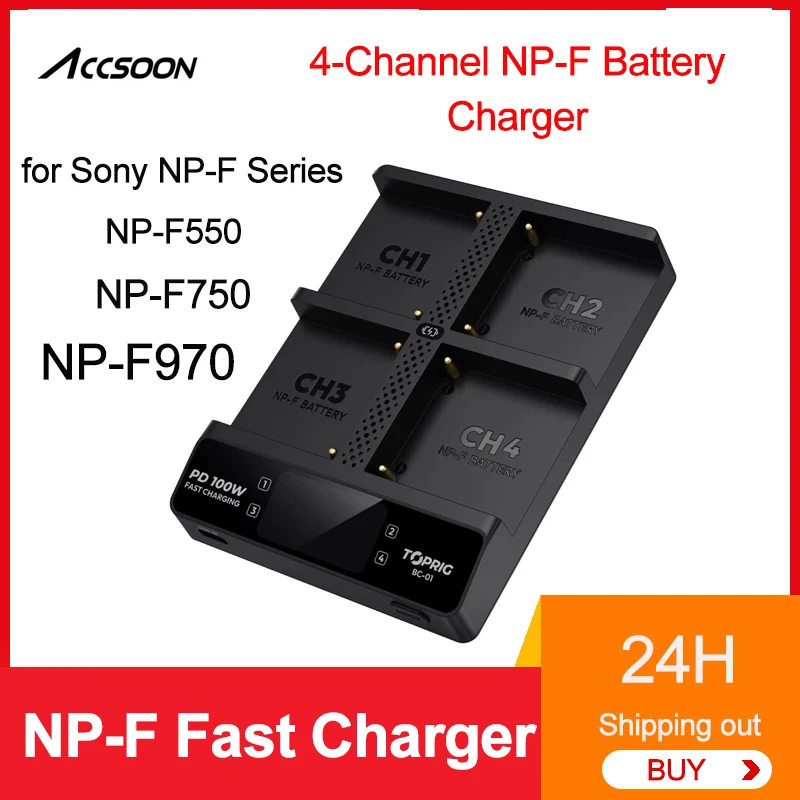 Accsoon TOPRIG 100W 4-Bay NP-F Fast Charger 4-Channel NP-F Battery Charger with LCD Display USB-C for Sony NP-F550 NP-F750