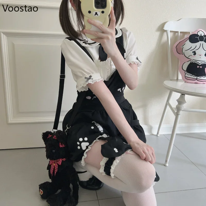 Y2k Lolita Style Overalls Shorts Set Women Sweet Sailor Collar White Shirt Cartoon Cat Rompers Suit Blouse Shorts 2 Piece Set