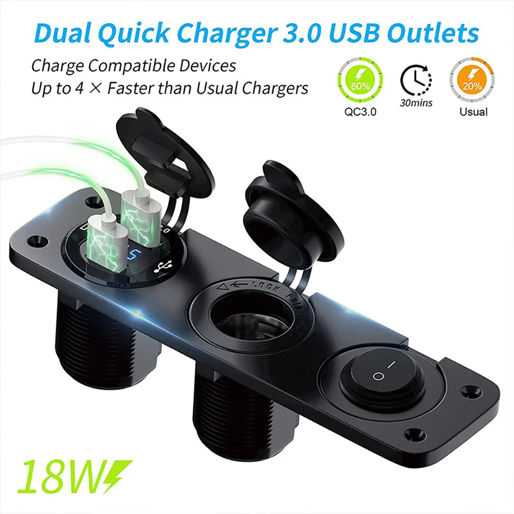 12V Cigarette Lighter Socket 3 in 1 Waterproof Car Dual QC3.0 USB Outlet Panel for RV Marine Boat Power Socket Charger Socket