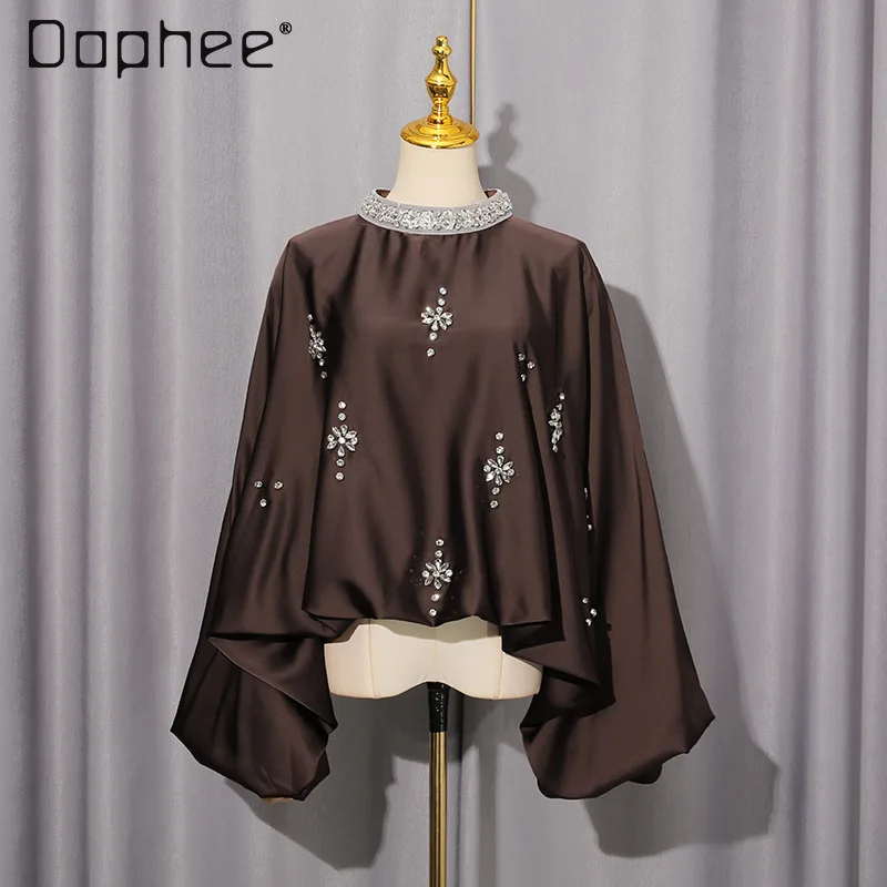 

Осень 2025 г., новая свободная рубашка с длинными рукавами в европейском и американском стиле, расшитая бисером и стразами, женская элитная элегантная атласная рубашка в светском стиле