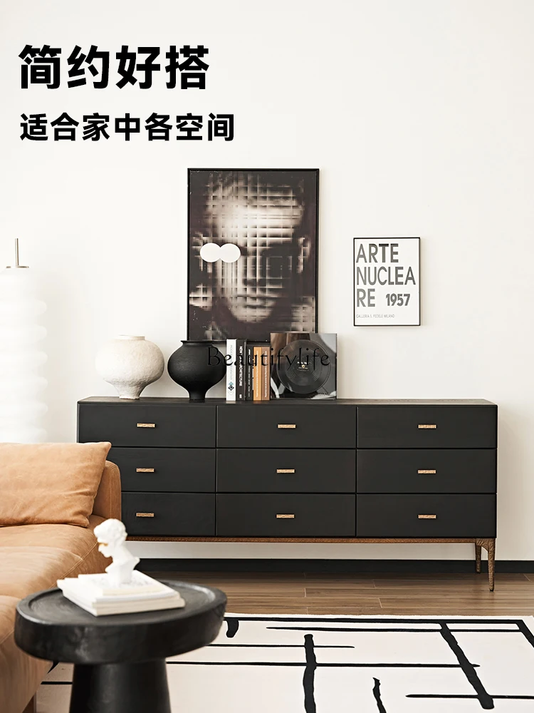 Nordic retro medieval solid wood ash wood nine bucket drawer cabinet black 9 pumping storage cabinet