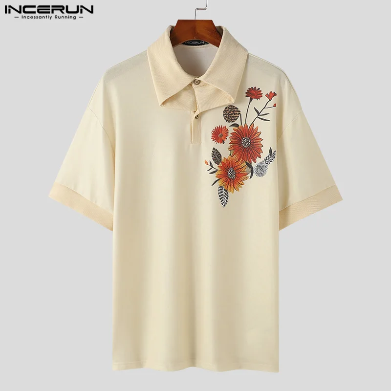 INCERUN Tops 2024 Korean Style Fashion Men Print Personality Stand Neck Shirts Summer Male Streetwear Short Sleeved Blouse S-5XL