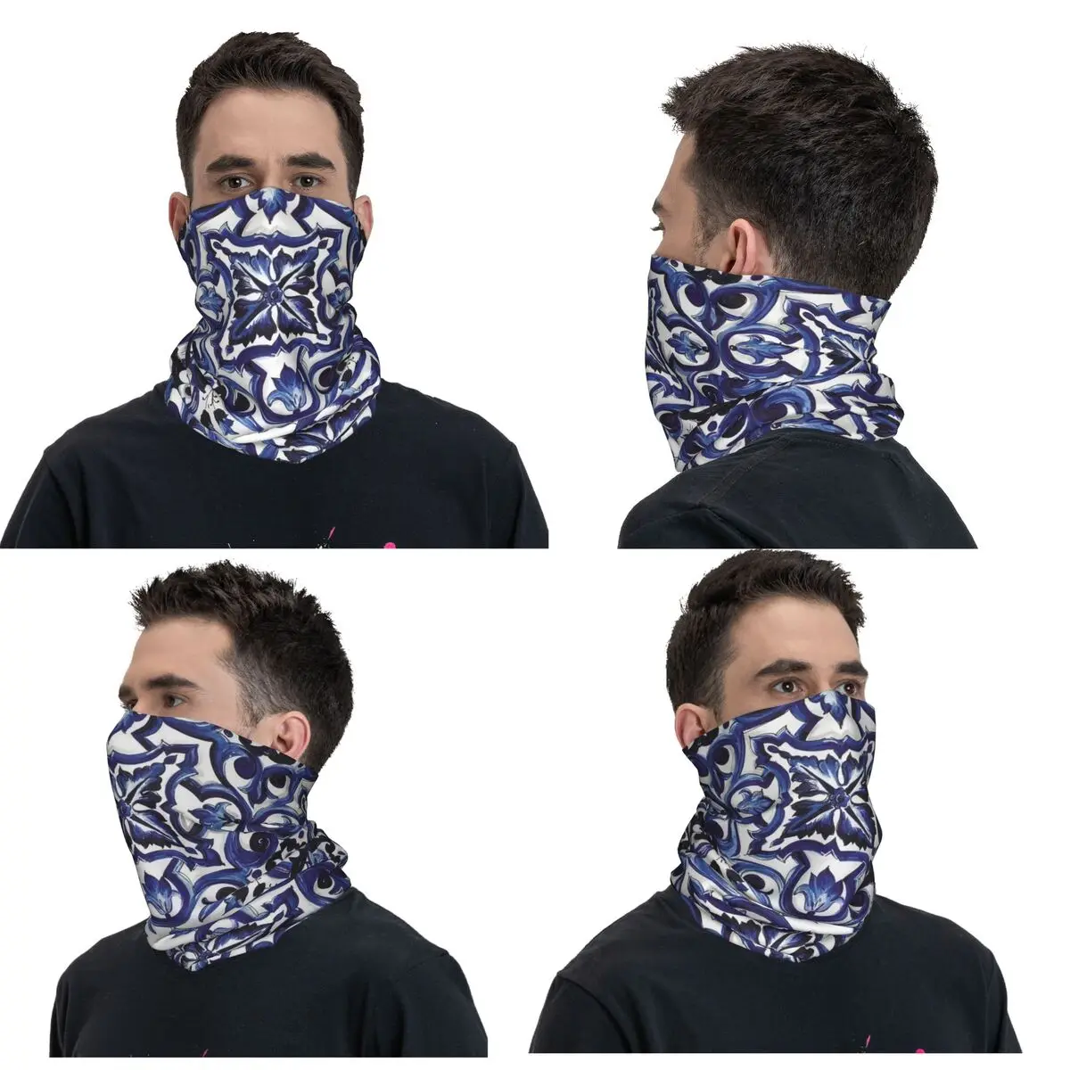 Blue Ornate Floral Mediterranean Sicilian Tile Bandana Neck Cover Mask Scarf Multi-use FaceMask Cycling For Men Adult Washable