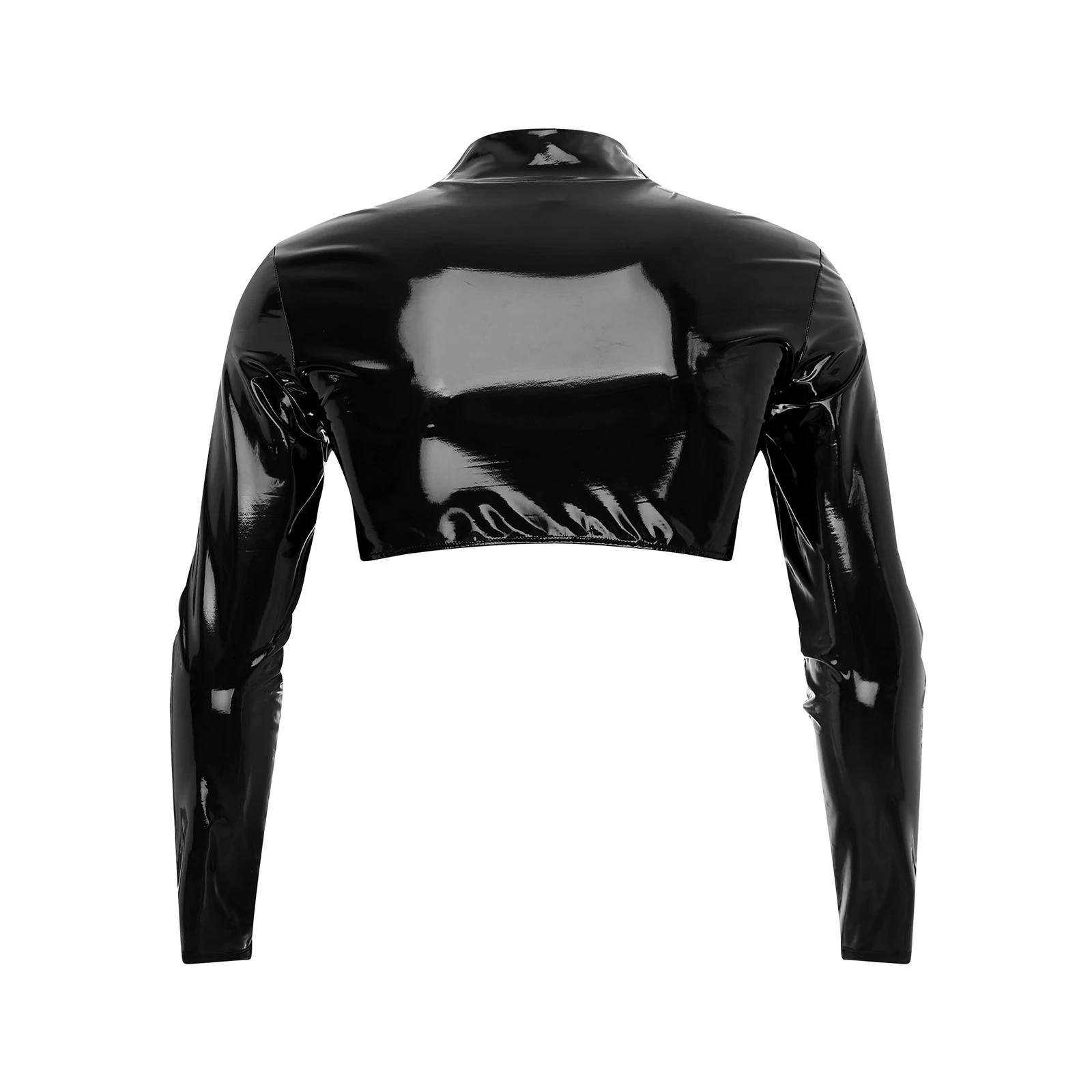 Mens Weet look Long Sleeve Crop Top Clubwear Zipper Patent Leather Shrug Slim Top Showing Muscle Clubwear