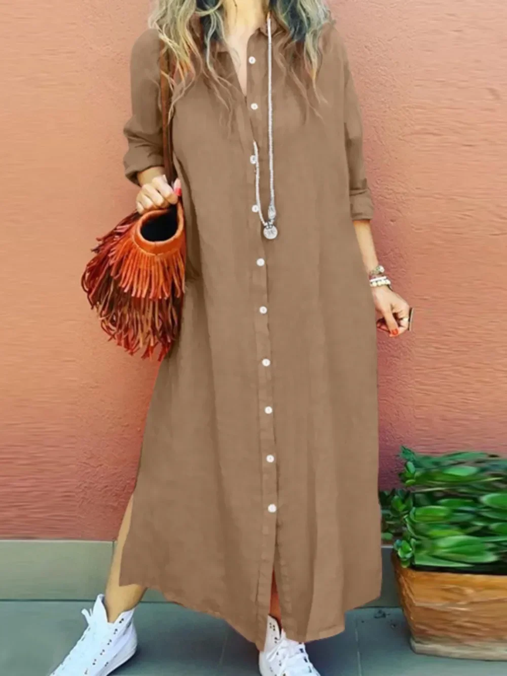 Le donne musulmane vestono la camicia con orlo diviso abiti lunghi risvolti maniche lunghe Cardigan allentato camicia Robe Ramadan Vestidos Largos autunno